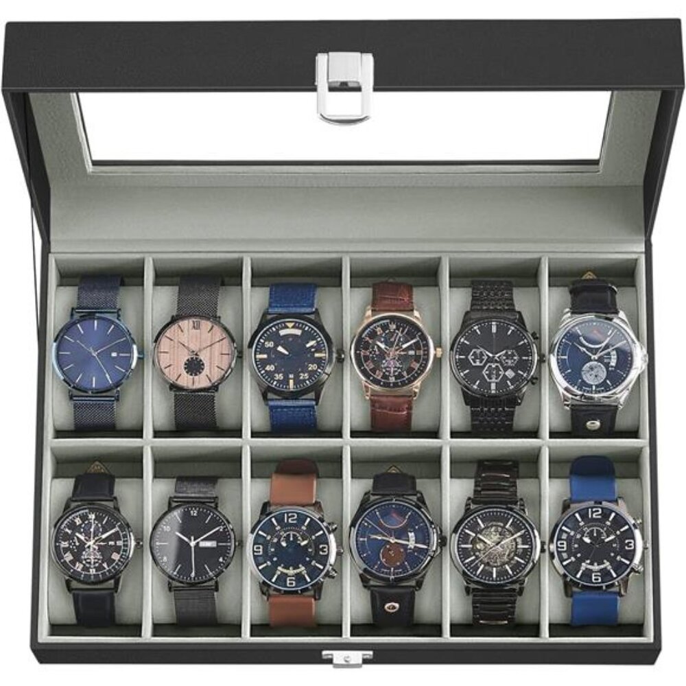 Watch Box 12-Slot Watch Case w Large Glass Lid Removable Watch Pillows Organizer